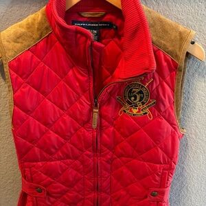 Ralph Lauren Red Quilted Gold Logo Suede Trim  Equestrian Vest Women's Sz L EUC